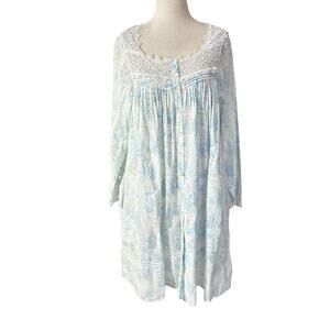 Eileen West White & Blue Floral Cotton Nightgown Sleepwear Women Small  | 55-43